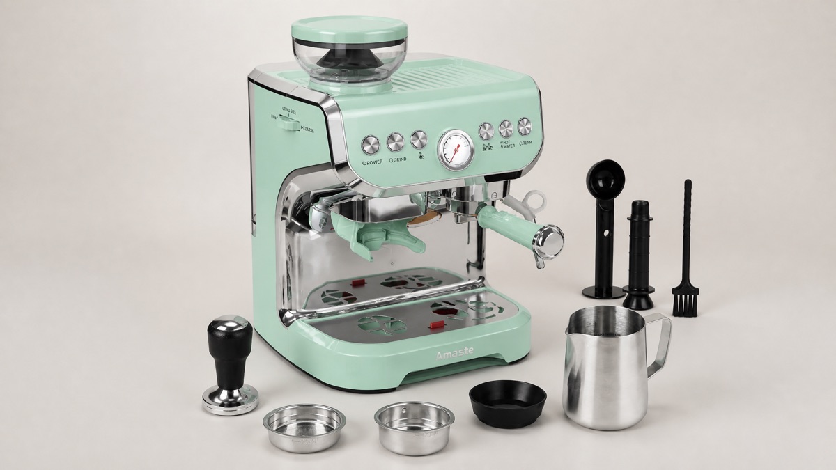 Amaste espresso machine with a built-in grinder and steam wand on a plain background