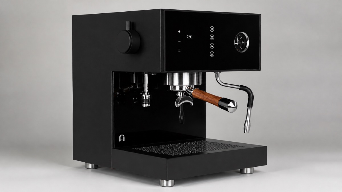 Black Arkel Coast dual boiler espresso machine with a wood-handle portafilter and glass front panel