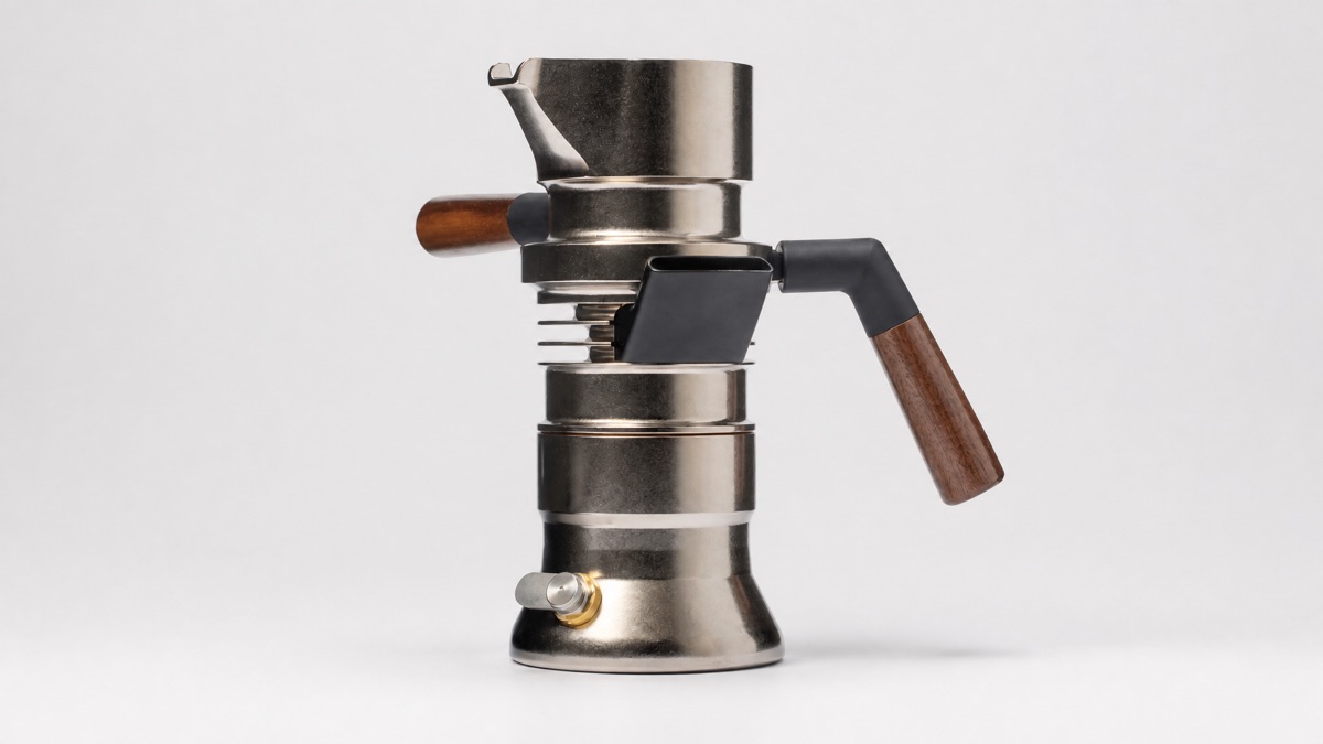 9Barista stovetop espresso machine with walnut handles on a plain background