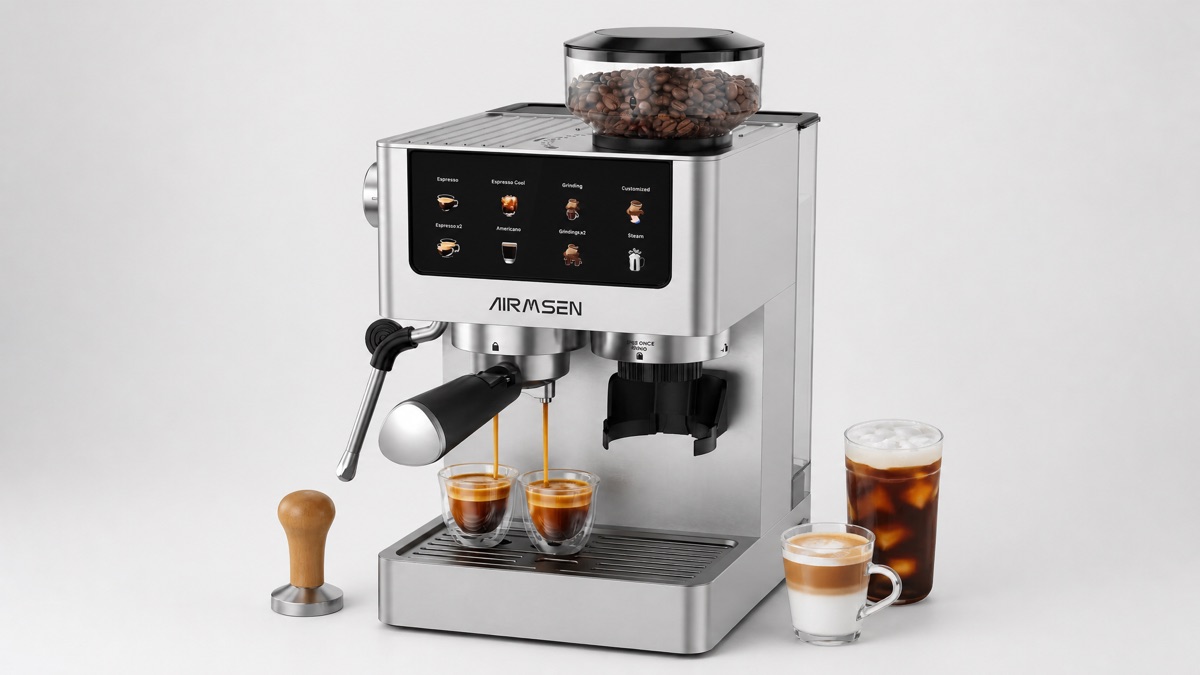 Airmsen espresso machine with a built-in grinder and steam wand on a plain background