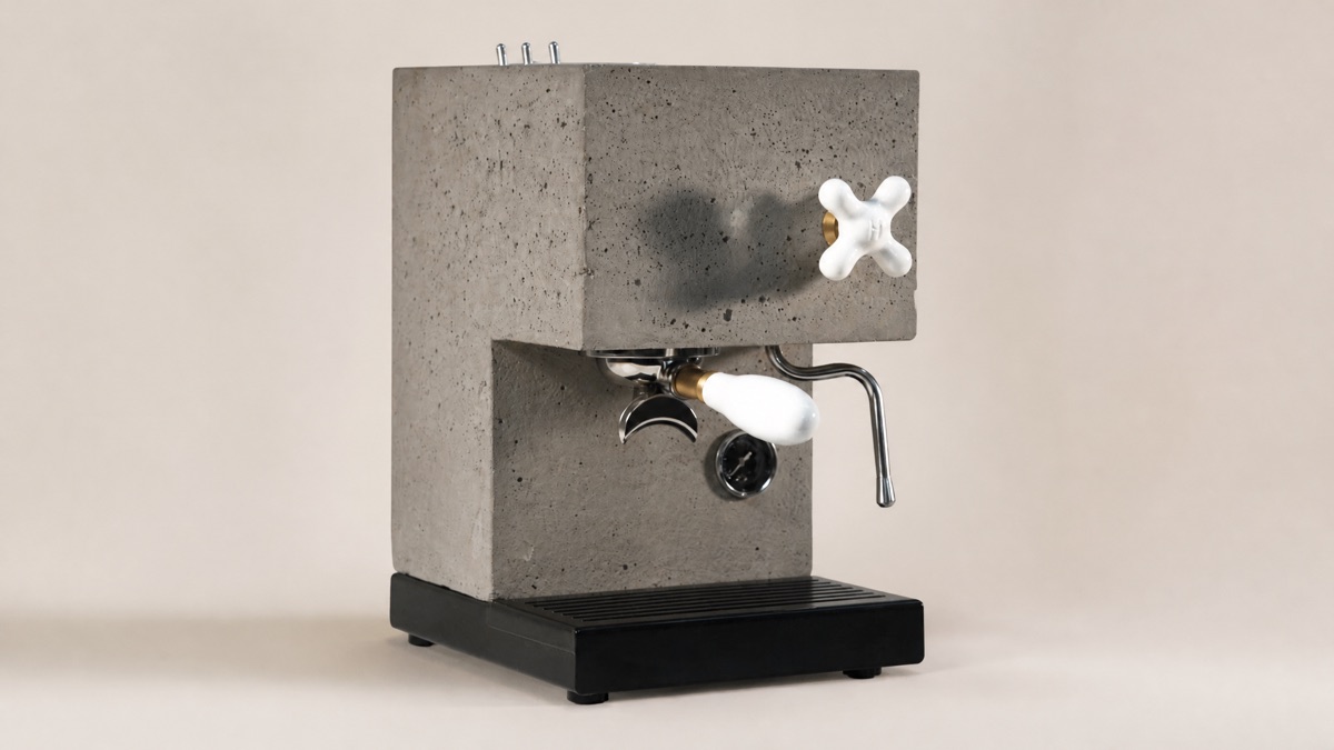 AnZa concrete espresso machine on a plain neutral background