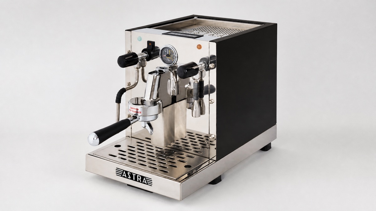 Astra espresso machine, three-quarter view on a plain background