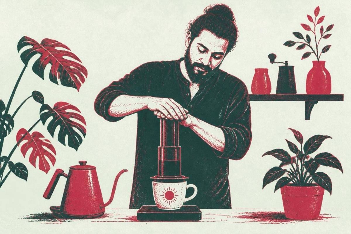 Glory stand Sitarist brewing aeropress The Exploring Barista Studio Emma Sophia cup