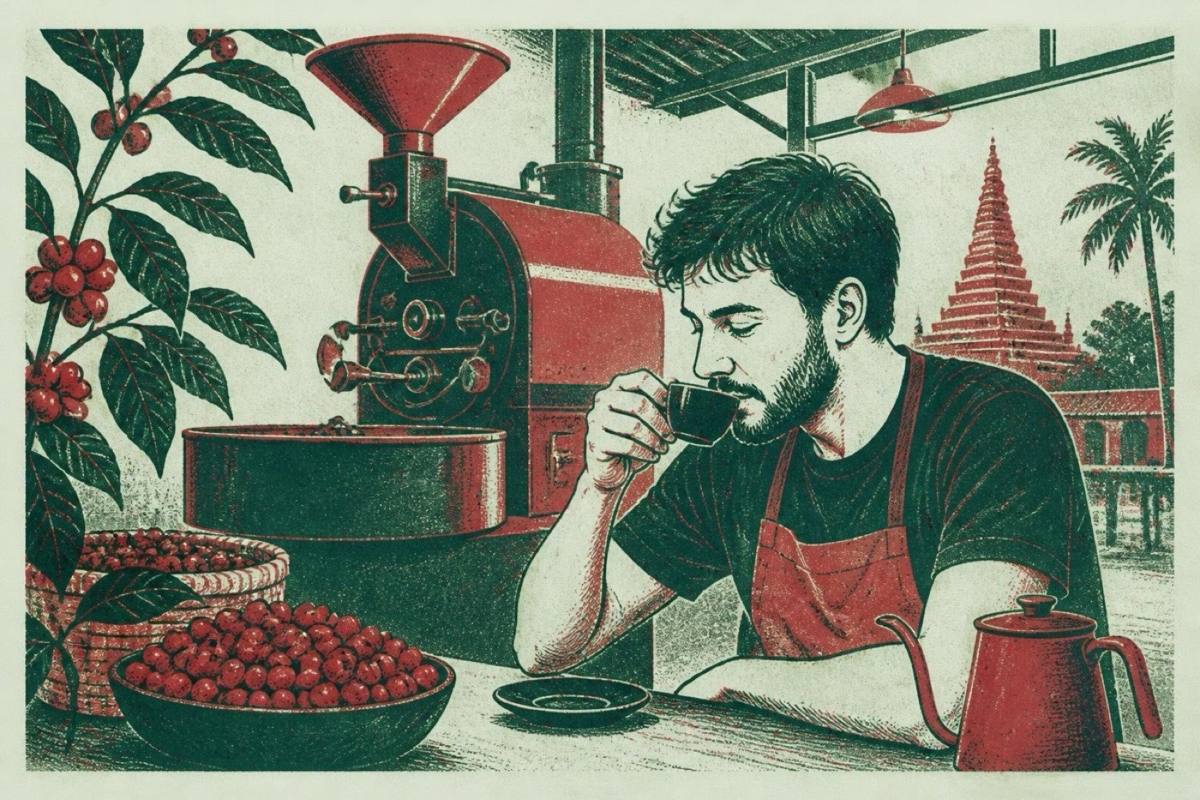 The Exploring Barista sipping double espresso Gateway specialty coffee shop Roastery Chiang Mai Thailand